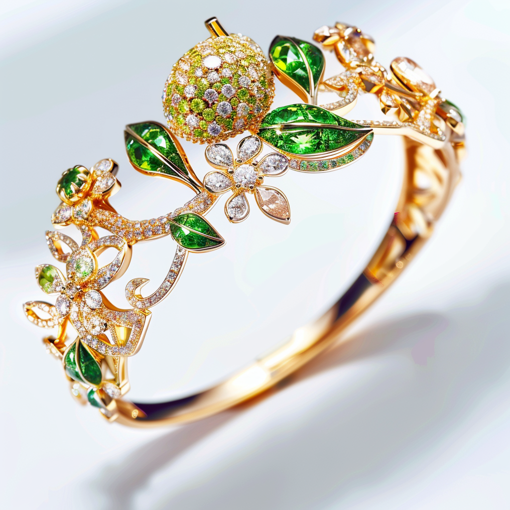 18K Gold Fruit-Themed Bracelet with Emerald and Yellow Sapphire Accents