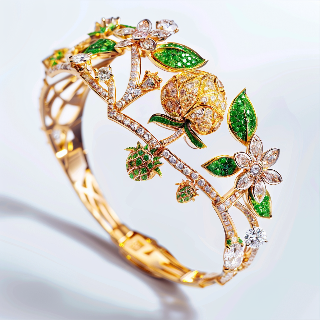 18K Gold Fruit-Themed Bracelet with Emerald and Yellow Sapphire Accents